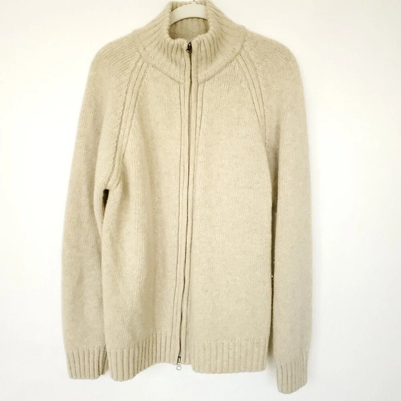 L.O.G.G. H&M 100% Lambs Wool Knit Cardigan Men XL Beige Zip up Sweater Mock Neck - Picture 1 of 11